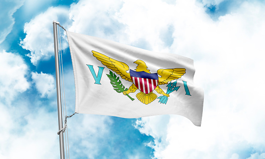 Virgin Islands US flag waving on sky background. 3D Rendering