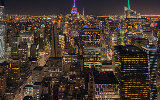 Panoramic of New York City at night aerial view