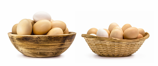 Brazilian free-range chicken eggs in rustic wooden bowl , organic eggs, typical from Minas Gerais