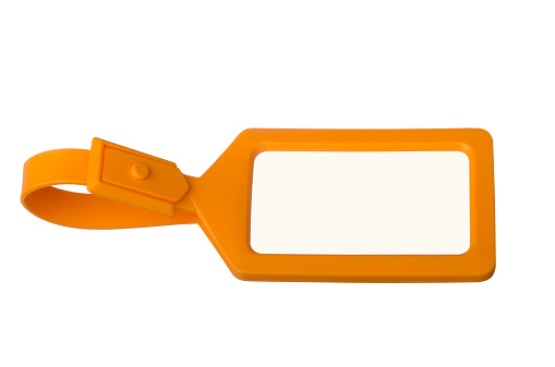 A high key studio shot of an orange luggage tag isolated on a white background. There are clipping paths for the tag and the background