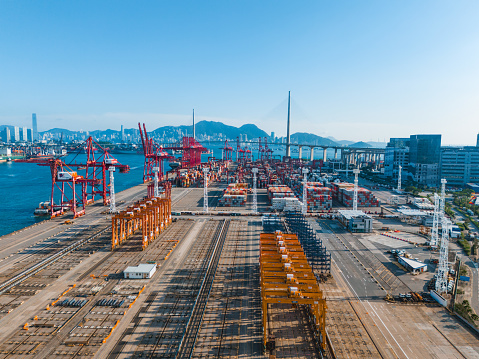 San Pedro Container Ship Port with Shipping Containers and Cranes on a Sunny Day