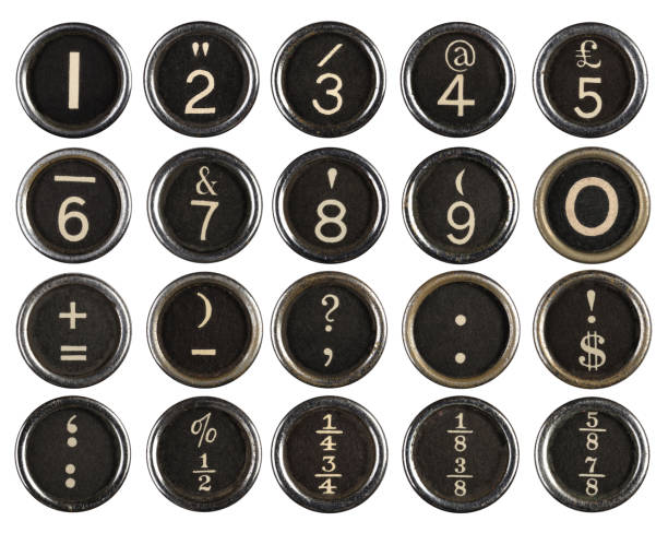 Vintage Typewriter Number Keys Vintage Typerwriter Keys. On pure White Background. Clean of dust and dirt. Scratched corroded and worn to give real character. typebar stock pictures, royalty-free photos & images