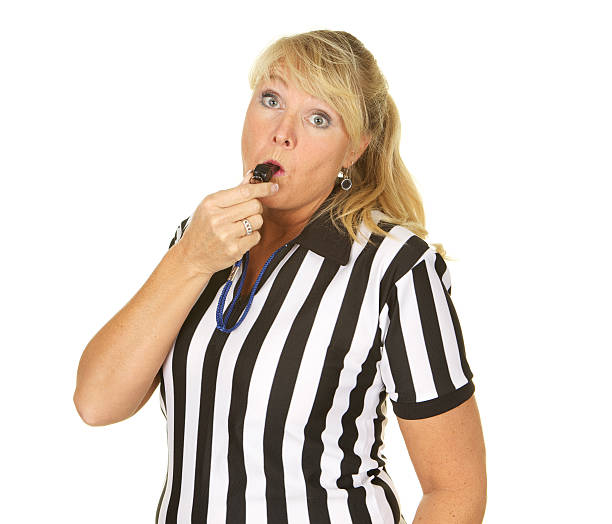 istock Adult Woman Referee Blowing a Whistle on White 185302086