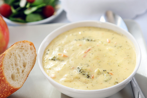 lunch - broccoli cheddar soup, bread,salad