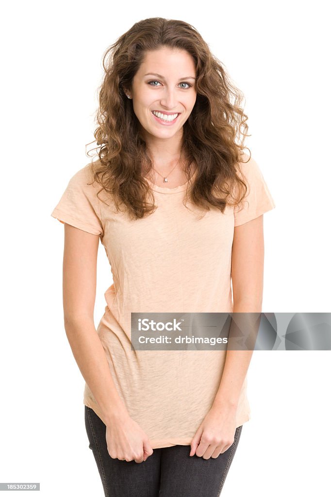 Happy Young Woman Portrait Portrait of a young woman on a white background. http://s3.amazonaws.com/drbimages/m/ap.jpg Smiling Stock Photo