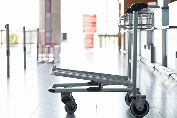 Empty luggage trolley at the airport. Horizontal shot.