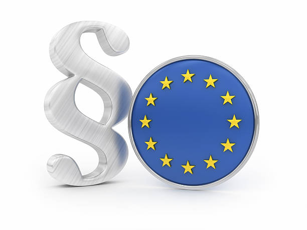 Paragraph with EU flag Paragraph sign with round flag of European Union, 3d render paragraf stock pictures, royalty-free photos & images