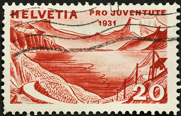 istock mountains and lake on Swiss postage stamp 185302940