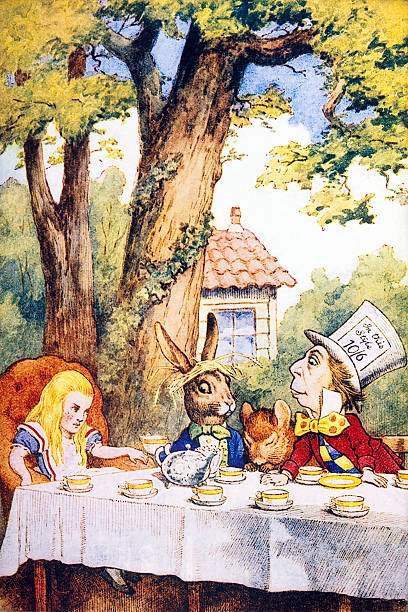 alice w krainie cudów przygód - alice in wonderland fairy tale tea party old fashioned stock illustrations