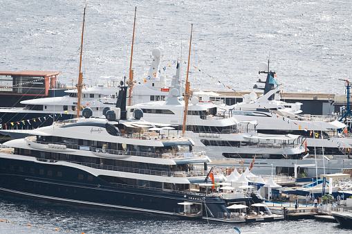 a lot of luxury yachts at the famous motorboat exhibition in the principality, the most expensive boats for the richest people around the world, yacht brokers