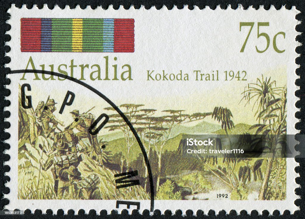 Kokoda Trail Stamp Cancelled Stamp From Australia Commemorating Kokoda Trail Which Went Through Papua New Guinea And Was The Scene Of Fighting Between Australian And Japanese Forces During World War II. Australia Stock Photo
