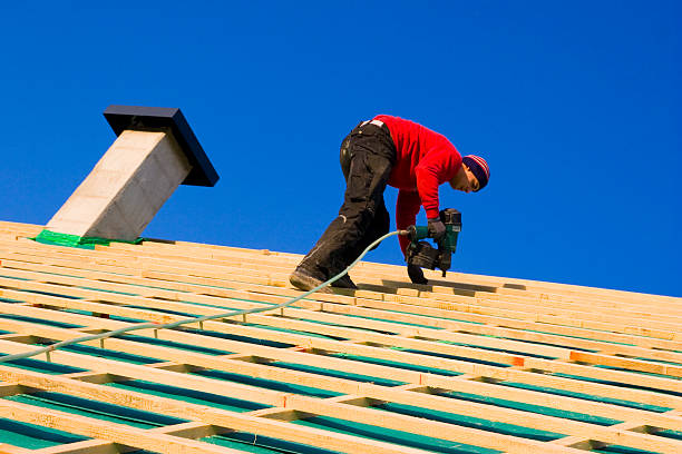 Carpenter on a Roof "Tilt view of a carpenter on a roof, against blue sky, carpenter building a tile batten construction for roof tiles, using a pneumatic nail gun, image shows swirled wood dust, the green foil is used for insulation against wind, selective focus." steeplejack stock pictures, royalty-free photos & images