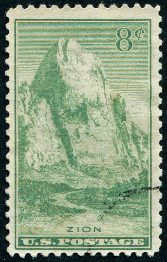 Cancelled Stamp From The United States Featuring The National Park Of Zion In Utah.