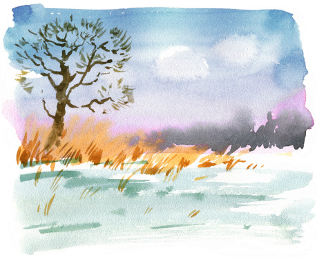 Watercolor drawing of a winter landscape.