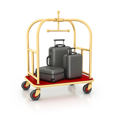 isolated hotel luggage cart with three travel suitcases.3d render.