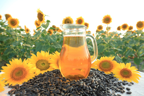 Sunflower oil with sunflowers and sunflower seeds in sunflower field. Shallow DOF.