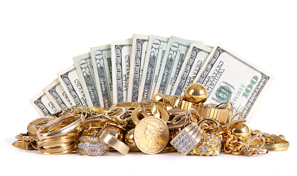 dinheiro de ouro - gold jewelry paper currency scrap metal - fotografias e filmes do acervo