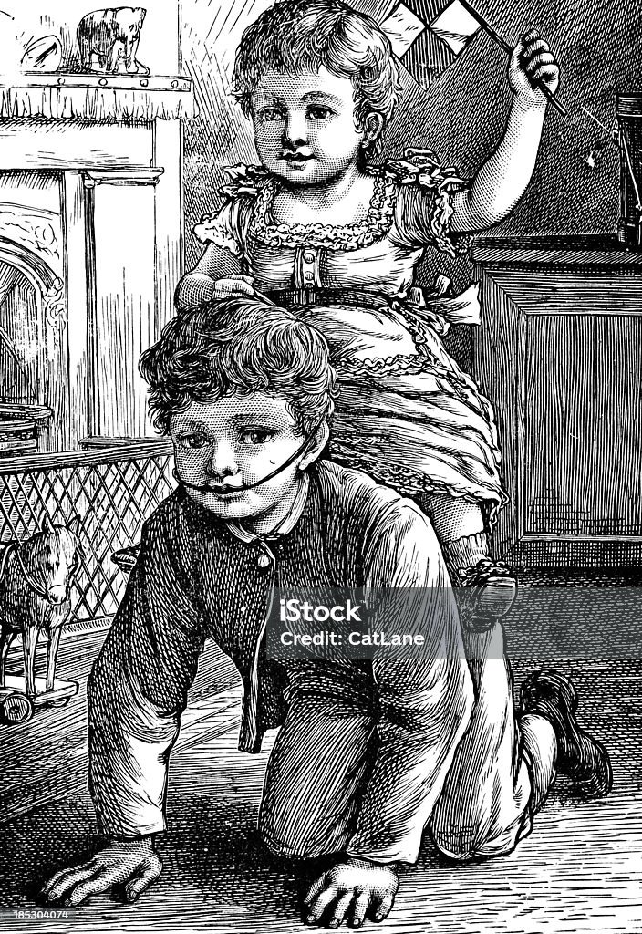 Boy and Girl Playing - Victorian Engraving Boy and girl playing in nursery Child stock illustration