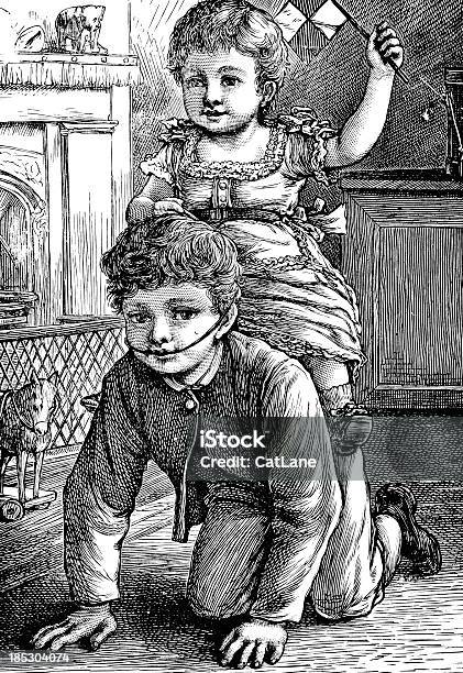 Boy And Girl Playing Victorian Engraving Stock Illustration - Download Image Now - Child, Nursery - Bedroom, Playful