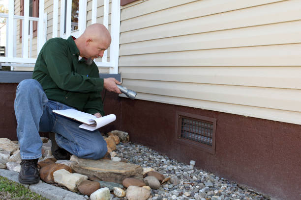 Home inspector checking the foundation. stock photo