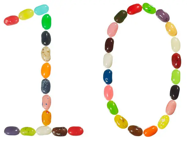 Multi-colored jellybeans arranged to form the number 10.  The same color jellybean is never used twice within a digit.