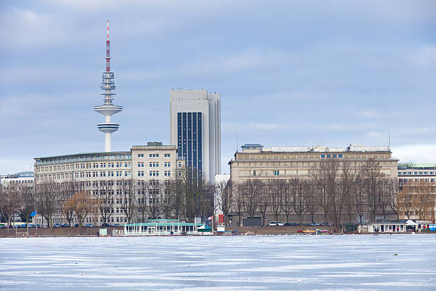 CCH - view from the frozen Alster Frozen Alster in Hamburg - Germany - Taken with Canon 5Dmk2You can see more Hamburg images in my lightbox:   I LOVE HAMBURG sendemast stock pictures, royalty-free photos & images