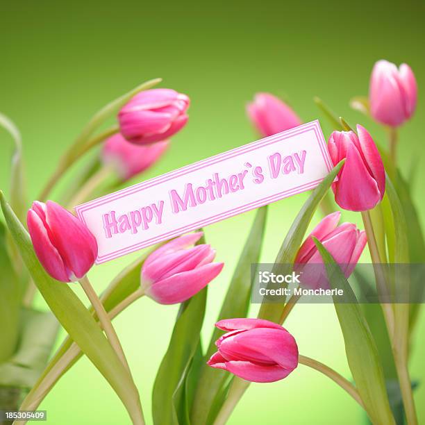 Foto de Tulipas Cor De Rosa Em Verde Com Cartão De Dia Das Mães e mais fotos de stock de Bouquet