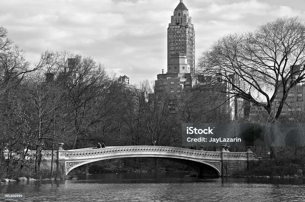 Bow Bridge scenic lake view, Central Park, New York City "The 19th Century built Bow Bridge over Central Park Lake at 74th Street photographed on a Winter season day. The cityscape view is facing East towards the Upper East Side of Manhattan, New York City.Central Park Scenes NYC:" New York City Stock Photo