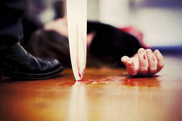 Killing scene "Close up on a bloody knife planted on a wooden floor, a killing scene" killing stock pictures, royalty-free photos & images