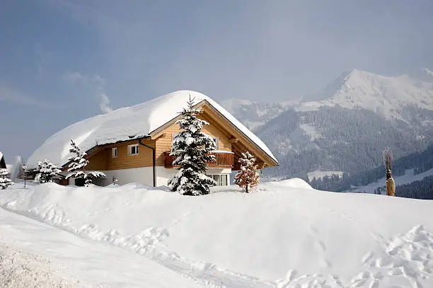 "Typical wooden house in a snowcovered landscape. Located in Mittelberg, Kleinwalsertal in Austria. There are some snowflakes visible."
