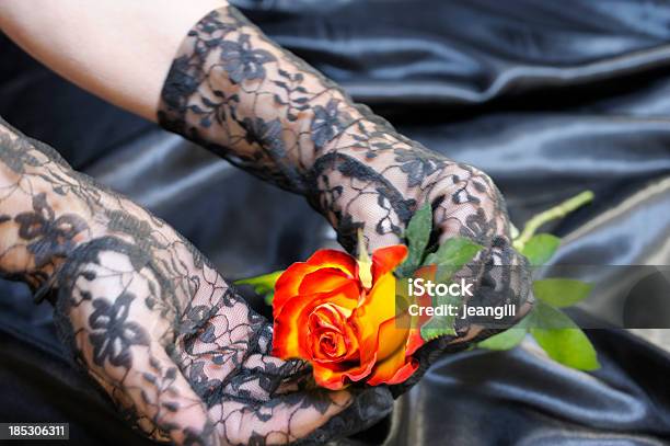 Lace Gloves With Rose On Black Satin Stock Photo - Download Image Now - Beauty, Beauty In Nature, Bed - Furniture