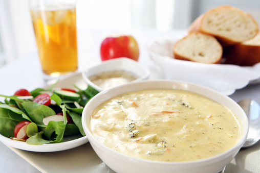 lunch - broccoli cheddar soup, bread,salad