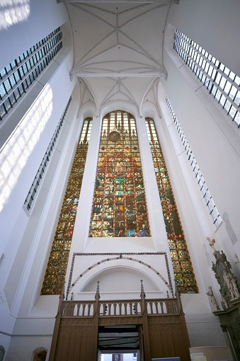Yet another stained glass church window, this one is in the transept of Rostock's historic Marienkirche or St Mary's Church in a side apse