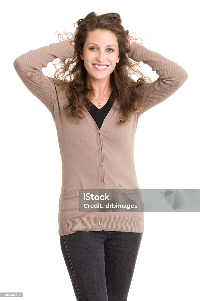 Happy Young Woman With Hands In Hair Portrait of a young woman on a white background. http://s3.amazonaws.com/drbimages/m/ap.jpg 20-24 Years Stock Photo