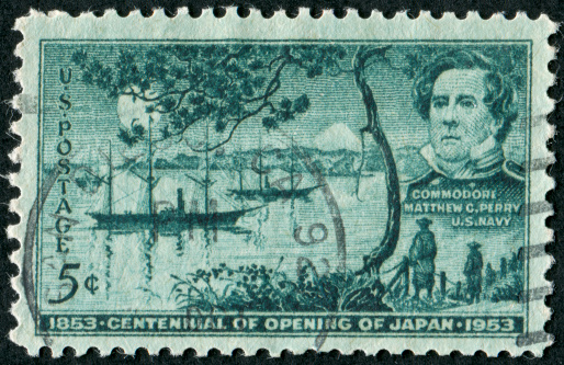 Cancelled Stamp From The United States Of America Commemorating The Opening Of Japan And Featuring Commodore Matthew C. Perry Of The US Navy.  Perry Lived From 1794 Until 1858.
