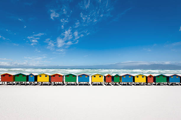 Muizenberg Beach Huts Panorama South Africa "Beautiful colorful painted beach huts on perfect white sandy beach of Muizenberg, Cape Town, South Africa, Africa" stilt house stock pictures, royalty-free photos & images