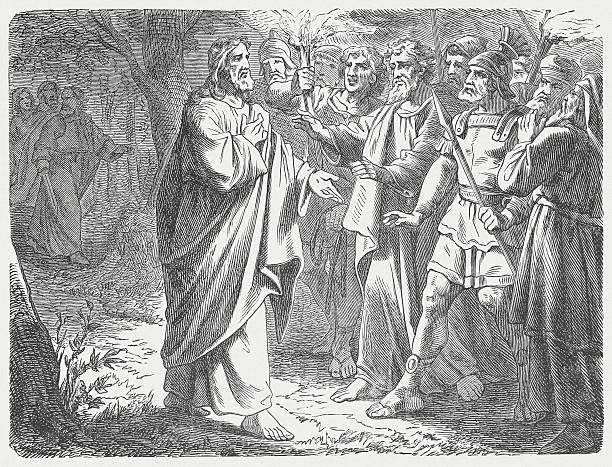 Jesus' arrest, wood engraving, published in 1877 Jesus' arrest in Gethsemane. Woodcut after a drawing by Julius Schnorr von Carolsfeld (German painter, 1794 - 1872) from my archive, published in 1877. judas stock illustrations