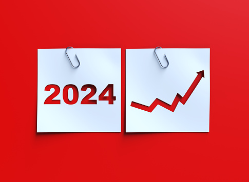 2024 Arrows graph analytics and financial, Changes in new planning, Business growth, ideas and perspectives, Stock investment, and dividends yield from business in the new year