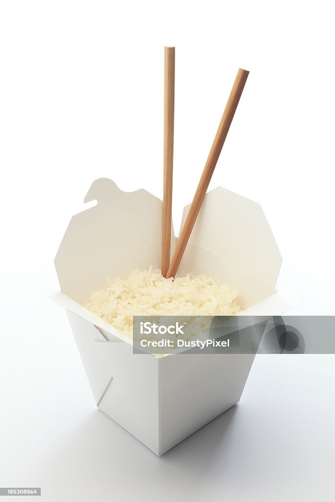 Rice Takeout Rice in a white takeout container with chopsticks Box - Container Stock Photo