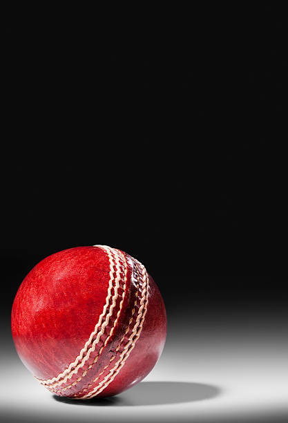 istock Red leather cricket ball on black background with copy space 185309040