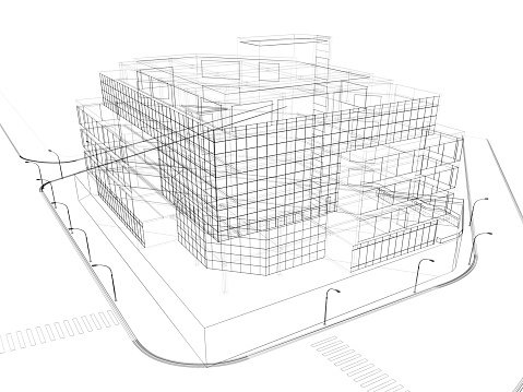 3d render of contemporary building in wire frame layout.