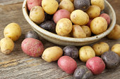 Raw multi-colored small potatoes in ceramic bowl on wood