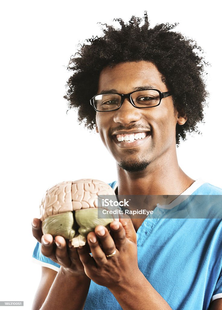 다소 geeky 과학자 smiles 계약별로 적용되기 쥠 모델 뇌 동안 - 로열티 프리 흰색 배경 스톡 사진