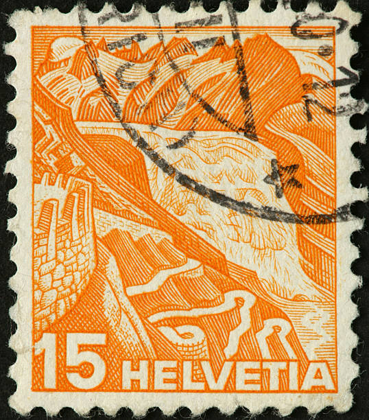 istock waterfall and mountain gorge on Swiss stamp 185310357