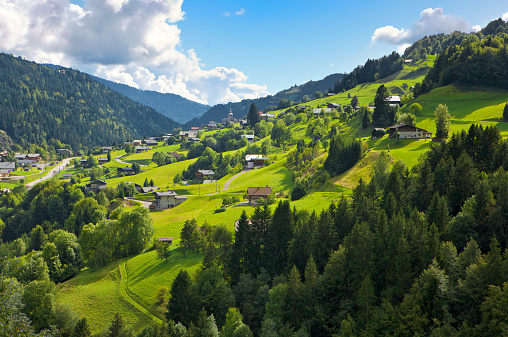 Landscape of a picturesque village on a hillside bathed in sunshine and surrounded by trees in the French Alps in summer. 