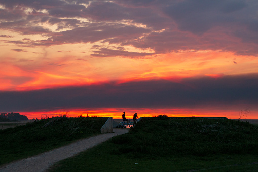 resting area for birds at sunset, nature reserve between Almere and Lelystad in the Dutch province of Flevoland, viewpoint at sunset to look over the nature reserve