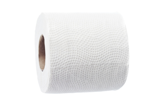 One roll of toilet paper hanging on a white background