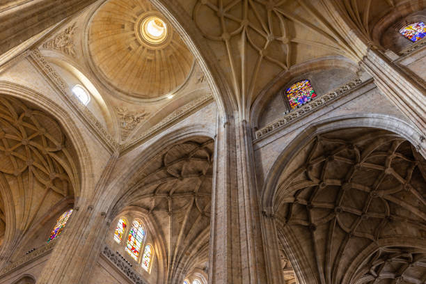 vista interior de la catedral de segovia de las bóvedas góticas decorativas y vidrieras, españa. - iluminación de techo abovedado fotografías e imágenes de stock
