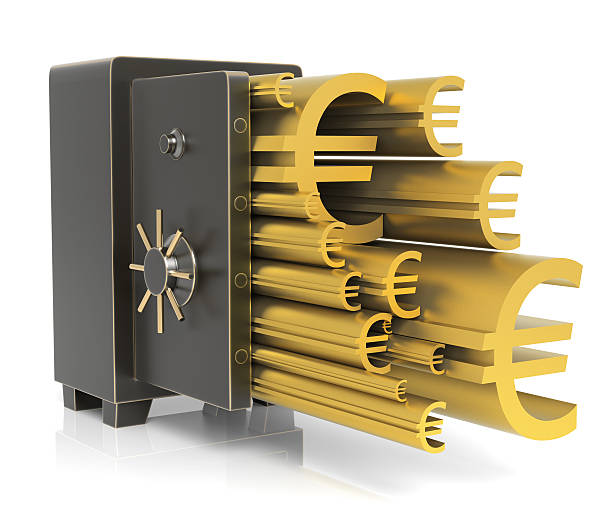 istock Gold Euro signs flowing out safe 185312319