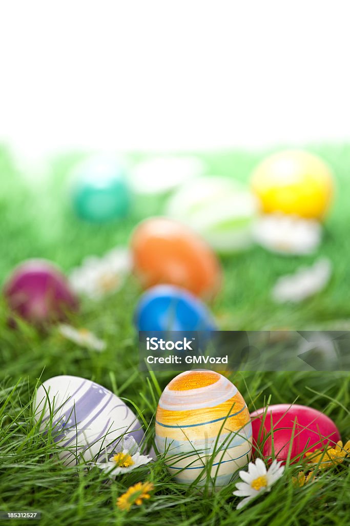 Красочные пасхальные яйца на зеленой траве, оформленные - Стоковые фото Без людей роялти-фри